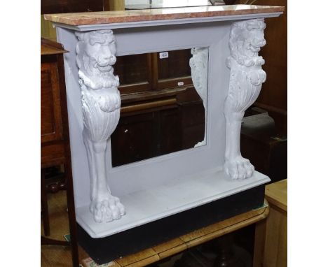 A painted mirror-back console table, with marble top and carved rampant lion mask columns, W90cm, H89cm, D25cm 