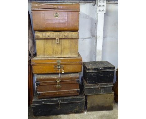 8 various Vintage metal trunks, Deed boxes, and tins 