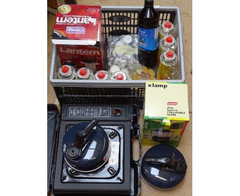 2 camping kettles, gas cartridges, lantern etc 