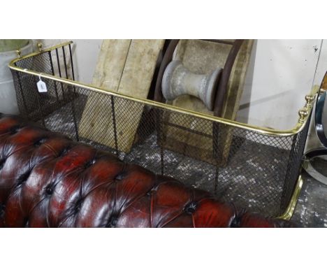 A Victorian brass and pierced mesh fender, L120cm, D39cm, internal width 114cm approx 