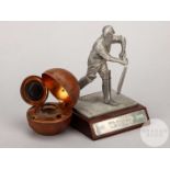Edwardian Inkwell in the shape of a cricket ball & a silver metal figurine of WG Grace.&nbsp;