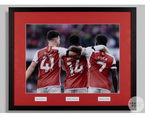 Declan Rice, Eddie Nketiah and Bukayo Saka triple-signed Arsenal photograph, 12 by 16in. colour photograph featuring the thre