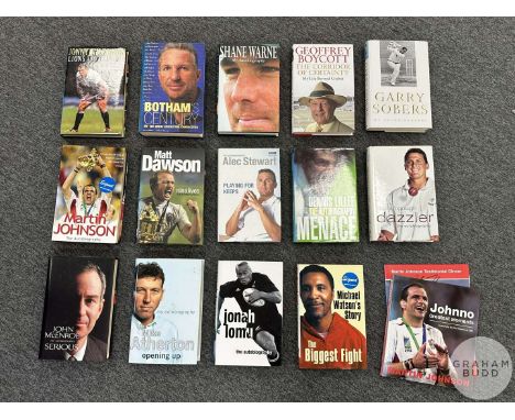 A mixed box of books relating to Cricket, Rugby, Boxing, Tennis and other sports, including 18 signed editions by Jonny Wilki