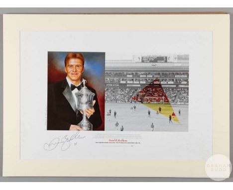 A large colour print of David Beckham with the Young Player of the Year trophy for 1997 at the side of an enhanced image of h