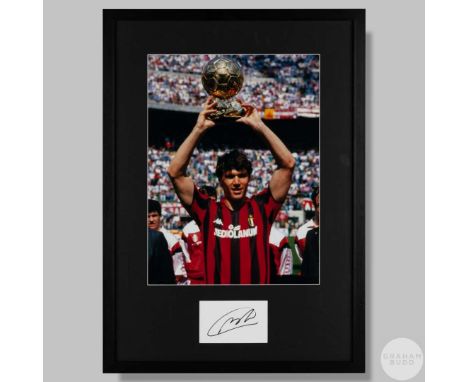 Marco van Basten signed photographic display, 16 by 12in. colour photograph portraying van Basten holding aloft the 1988 Balo