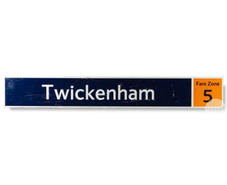 Twickenham Railway Station nameboard platform sign, original disused signage for the station serving the Home of Rugby, blue,