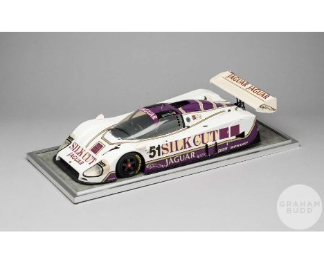 Scratch built model of a 1986 Silk Cut Jaguar XJR-6 built by Bob Hine,&nbsp;in presentation case, 18in. wide, signed July 199