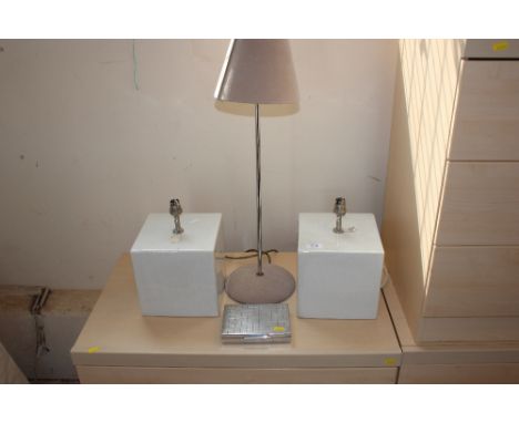 A pair of pottery table lamps and other table lamps and a card case 
