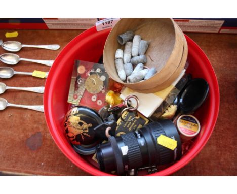 A tub of various items to include watches; camera lenses etc