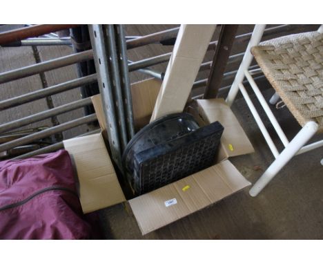 A box containing fluorescent light bulbs, sold as seen; a steel lintel etc