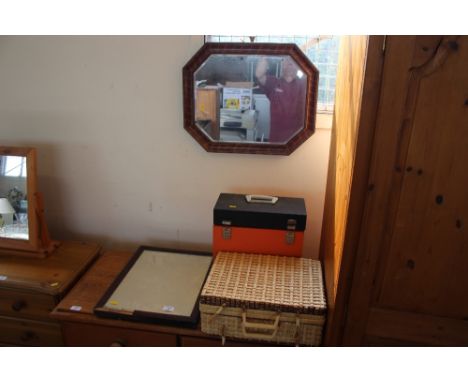 Two wall mirrors; a case of LPs and a picnic hamper