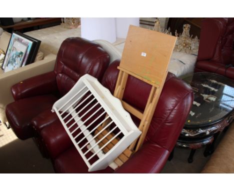 A small rug; a plate rack and a child's folding artists easel 