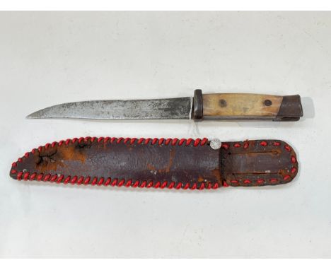 A hunting knife converted from a German Mauser bayonet, with transparent grips, brown leather sheath