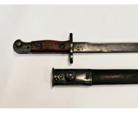 A WWII Indian made Mk. II bayonet with NWR 43 stamp to ricasso, with scabbard