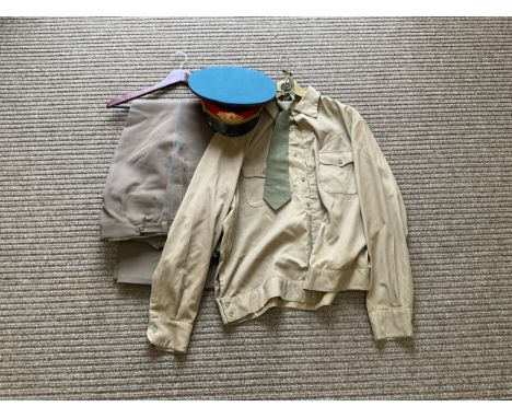A Cold War era Russian Soviet USSR khaki shirt and tie, two pairs of trousers with blue stripe and a visor cap (4)