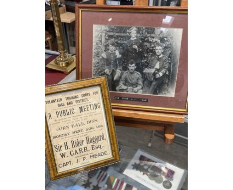DISS INTEREST: A Volunteer Training Corps Public Meeting poster for The Corn Hall, Diss, August 16th 1915, together with a ph