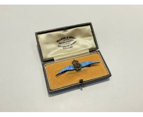 A Royal Air Force (RAF) guilloche enamel on silver sweetheart badge, within original gilt case