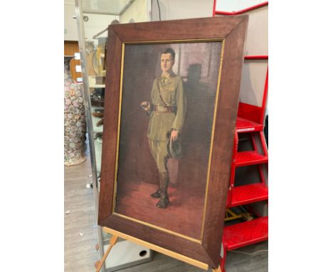 E. MIEVILLE (XX-XXI): An oil on canvas depicting British Army Officer, full length portrait, standing holding swagger stick a