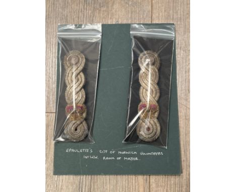 A pair of WWI City of Norwich Volunteers epaulettes for the rank of Major, silver wire thread