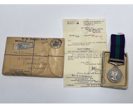 An Elizabeth II General Service Medal (GSM) with Cyprus clasp awarded to 23328699 PTE. BARRY STEPHENSON ARMY CATERING CORPS, 