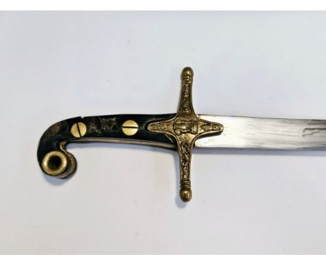 A reproduction reenactor's Mameluke style sword, brass and steel scabbard, grip a/f