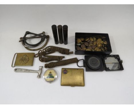 A box of various military badges and buttons together with a compass etc