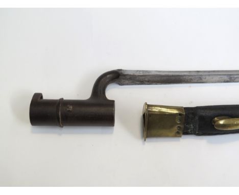 A 19th Century socket bayonet with brass mounted leather scabbard, end missing, total length approximately 51cm