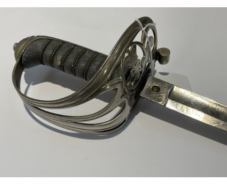 A Victorian Rifle / Light Infantry Officer’s sword, shagreen grip, pierced basket with bugle and Victoria crown, joining an e