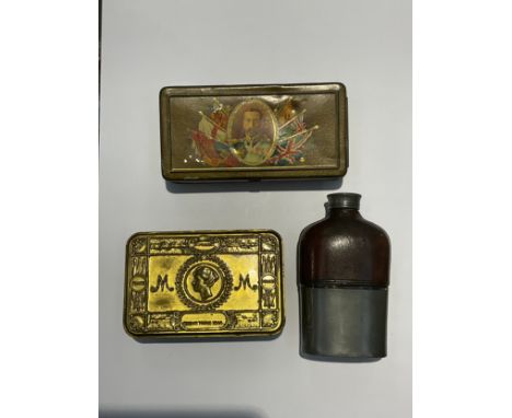 A WWI brass Princess Mary gift tin together with a trench art bullet letter opener, a royal tin and a hip flask from a simila