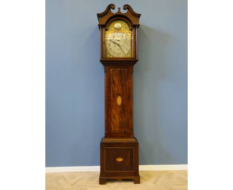 19th century mahogany inlaid longcase clock with eight day arched brass movement and a silvered chapter ring, R Stewart, Glas