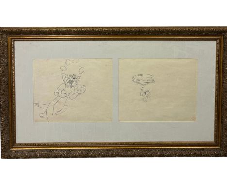 A TOM AND JERRY CARTOON PRINT FROM A FILM, Mounted in a frame and glazed.Each one 30cm x 25cm 