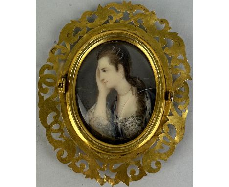 A 19TH CENTURY PORTRAIT MINIATURE ON IVORY OF A LADY WITH A PEARL NECKLACE AND HEAD WEAR, Signed to the left hand side with i