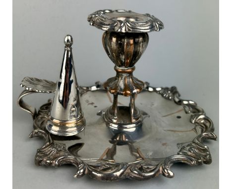 A 19TH CENTURY SHEFFIELD SILVER PLATED CHAMBER STICK AND SNUFFER 