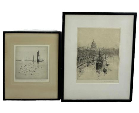 TWO ROWLAND LANGMAID ETCHINGS DEPICTING BOATS, Signed in pencil. 31cm x 23cm 23cm x 21cmMounted in larger frames and glazed 