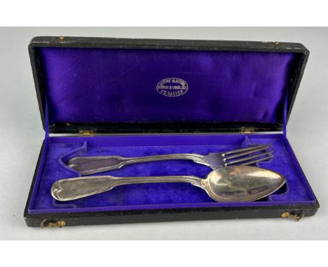 A SILVER CHRISTENING SPOON AND FORK, Marked 1875 B&amp;V (boxed) Total weight: 64gms