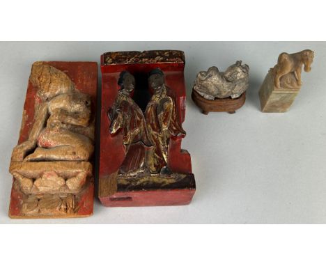 A CHINESE RED LACQUER AND GILT PANEL WITH TWO FIGURES, Along with another similar, a soapstone seal with stallion and carved 