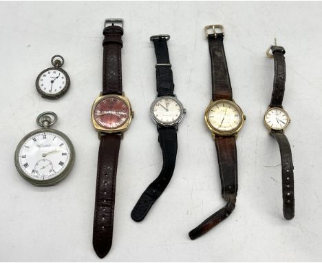 A small collection of vintage watches including two Timex, Sekonda, Tissot, an Everite silver plated pocket watch etc.