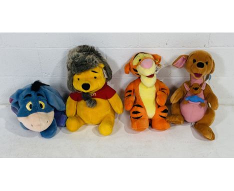 A collection of four large Winnie The Pooh soft toys including Tigger, Winnie The Pooh, Kanga with Roo (all by Mattel with or