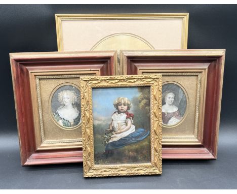 A gilt framed oil painting of a young girl in period dress overall size 25cm x 20cm, along with a framed hand-coloured engrav