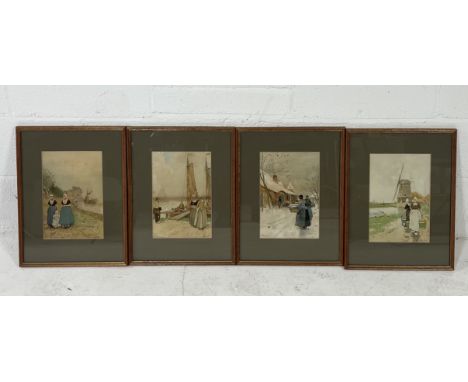 Four framed Henri Cassiers (1858 - 1944) lithograph prints of vintage Flemish/Dutch scenes. Overall size 46cm x 35cm.