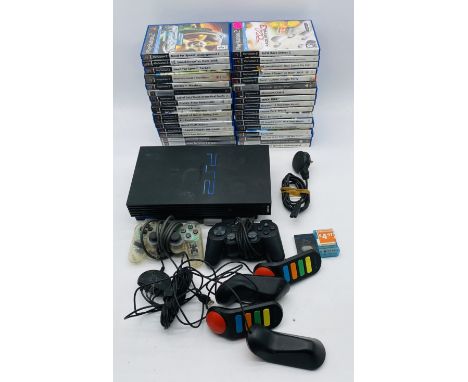 An unboxed Sony Playstation 2 console (untested) with two controllers, two memory cards, buzz controllers, power cable and a 