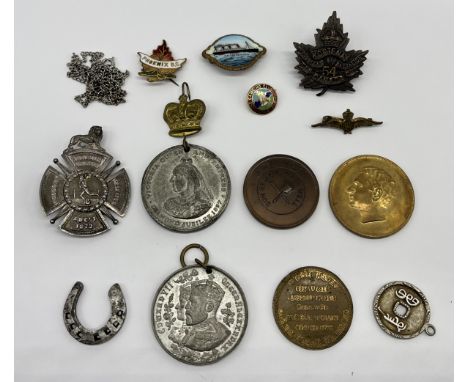 A collection of medallions, tokens, badges etc. including SCM athletics medal dated 1872, Mohammed Reza 25th anniversary meda