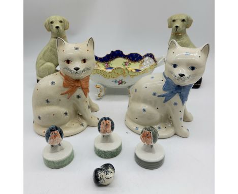 Two Rye pottery cats, three Rye pottery robins along with a pair of Staffordshire dogs etc.