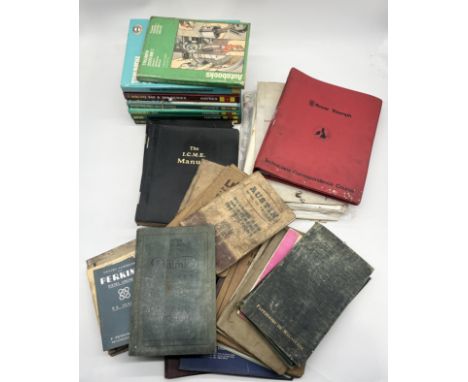A collection of vintage car and engine manuals and parts lists including Daimler, Haynes, Austin, Lucas, Perkins etc.