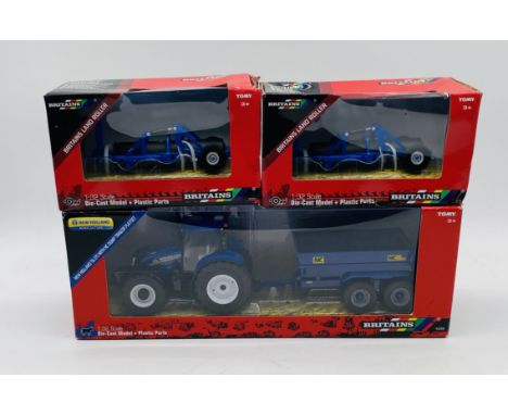 A boxed Britains Tomy die-cast New Holland Agriculture T6.175 Tractor with NC Dump Trailer Playset (43268), along with two bo