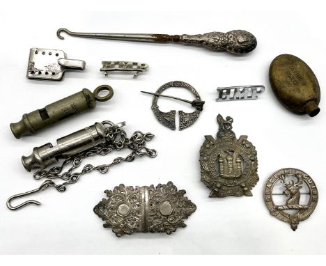 A small collection of items including silver cloak pin, a Forbes clan "Grace Me Guides" brooch, Scottish King's Own Borderers