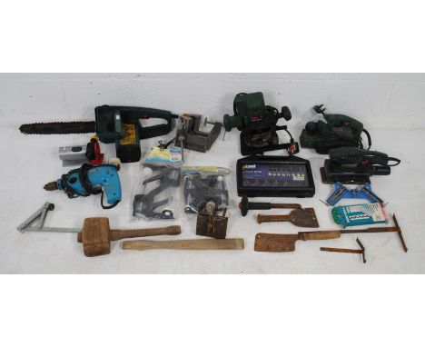A quantity of various tools including a Black &amp; Decker electric chainsaw, Bosch POF 400A router, Bosch 15-82 planer, Bosc
