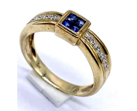 A 9ct gold sapphire and diamond ring, the centre comprising of four princess cut sapphires, size M 1/2