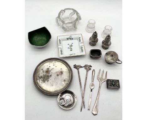 A four piece silver condiment set along with various silver plated items, glass etc.