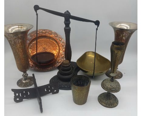 A set of Salter scales and weights long with a collection of assorted metalware decorative items.